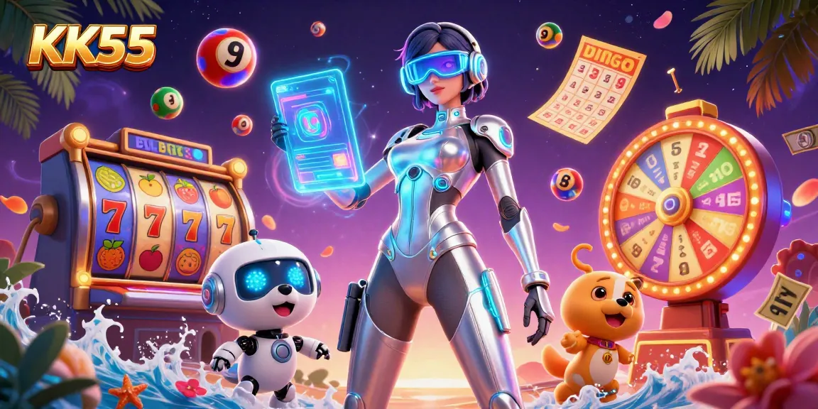 KK55 casino interface with dynamic game elements featuring a 3D woman and robot dog, enhancing excitement.