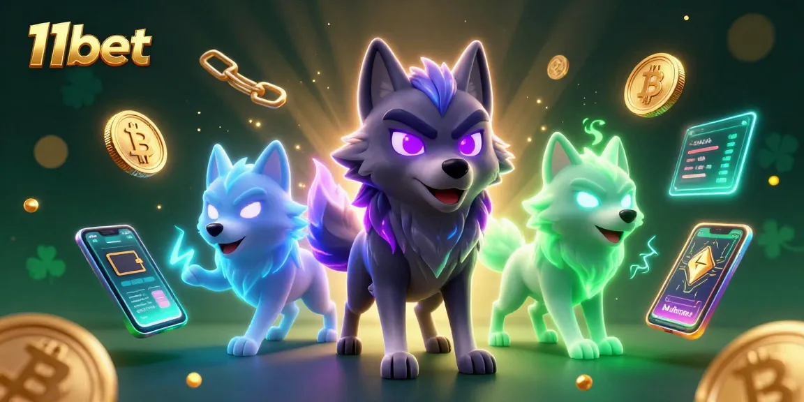 Bet big on 11bet with a dynamic scene of ghostly wolves and cryptocurrency elements.
