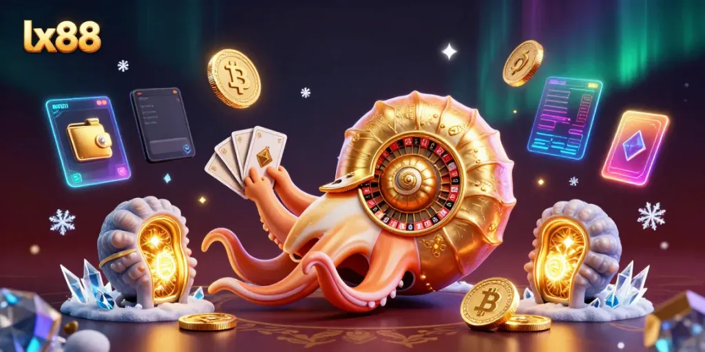 Engage with the lx88 gaming experience through a vibrant digital illustration of a giant nautilus roulette wheel surrounded by glowing crypto elements.