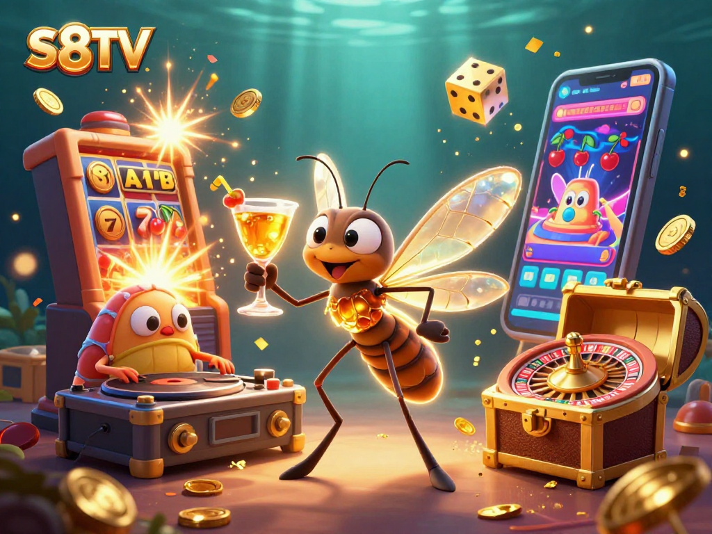 S8TV showcases a vibrant casino scene with animated mascot and thrilling game elements.
