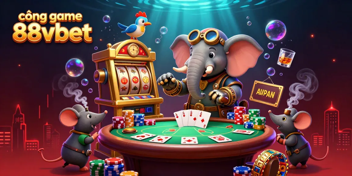Cống game 88vbet features a steampunk elephant operating a golden slot machine in a vibrant casino scene.