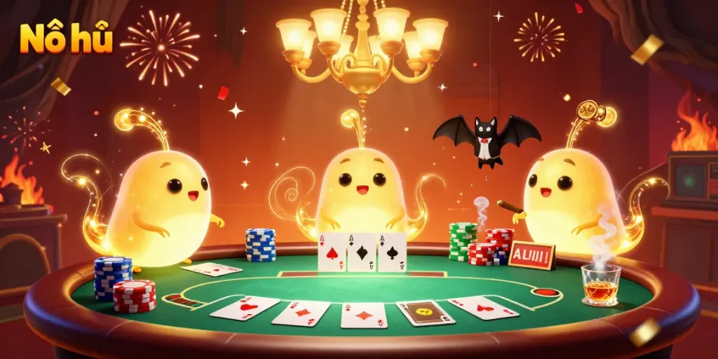 Experience Nổ hũ excitement in a vibrant casino scene with glowworms and poker elements.
