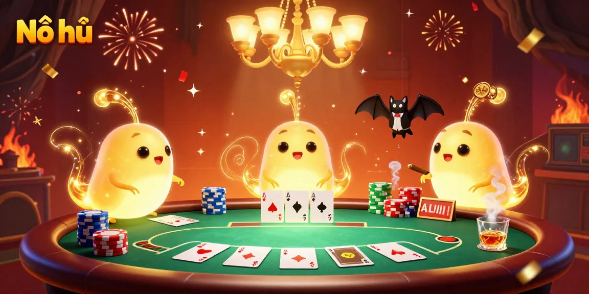 Experience Nổ hũ excitement in a vibrant casino scene with glowworms and poker elements.