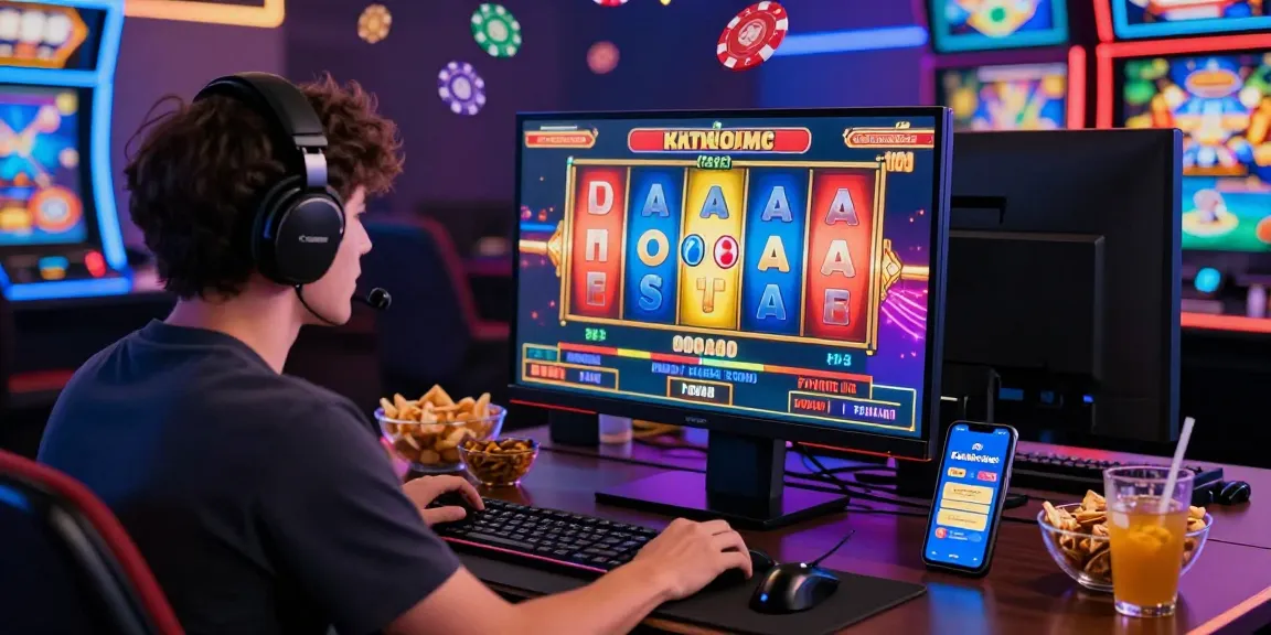 Engaging with Slot Gacor Hari Ini Kartupoker in a vibrant online gaming setup, featuring a live slot game and gaming accessories.