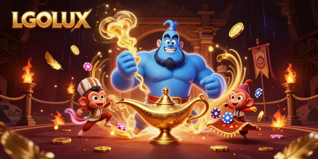 Experience the exciting potential of winning at LGOLUX with a vibrant 3D illustration featuring a genie and magic elements.