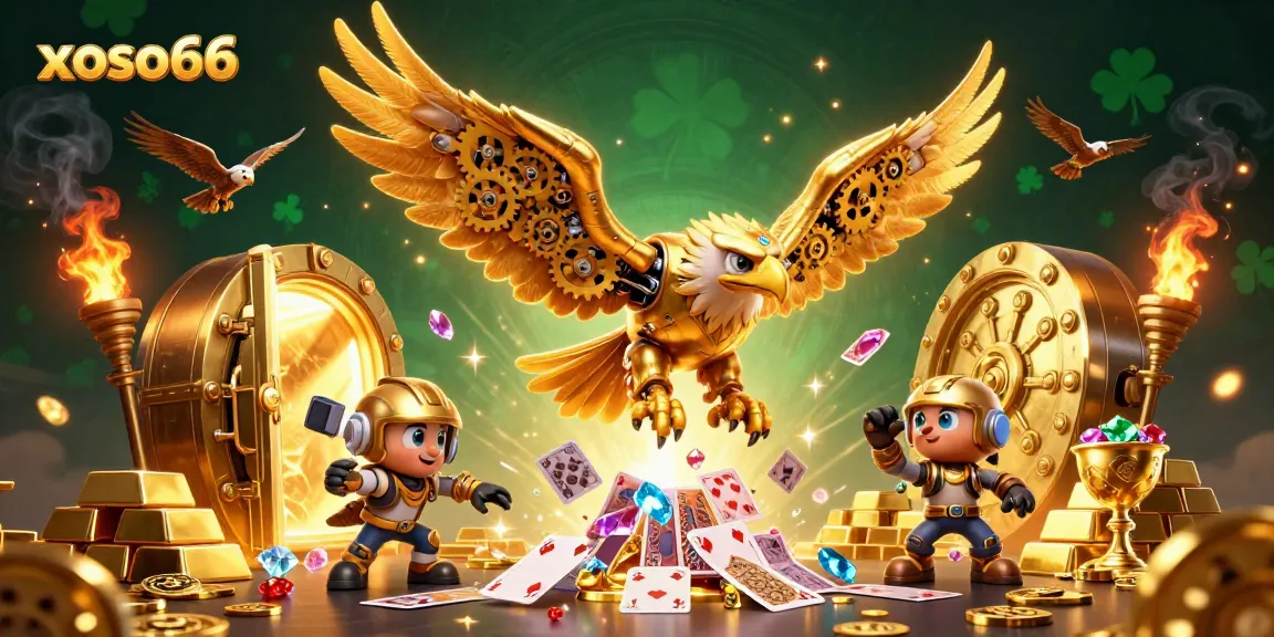 Experience thrilling wins with xoso66 as the cybernetic eagle dives through holographic cards in a vibrant casino scene.