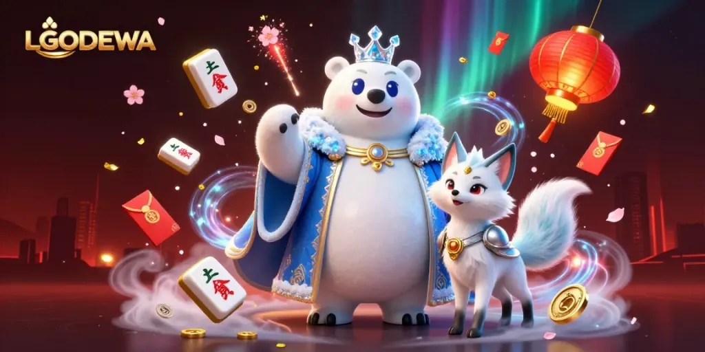 Engage in thrilling gaming at LGODEWA with a powerful illustration showcasing a polar bear and snow fox amidst vibrant casino elements.