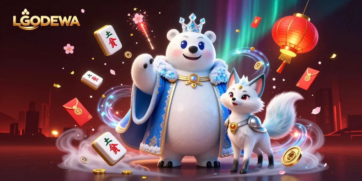 Engage in thrilling gaming at LGODEWA with a powerful illustration showcasing a polar bear and snow fox amidst vibrant casino elements.