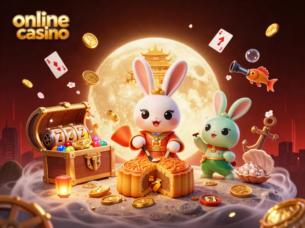 Gana en el casino online con el conejo de luna y símbolos del juego en un colorido entorno lunar.