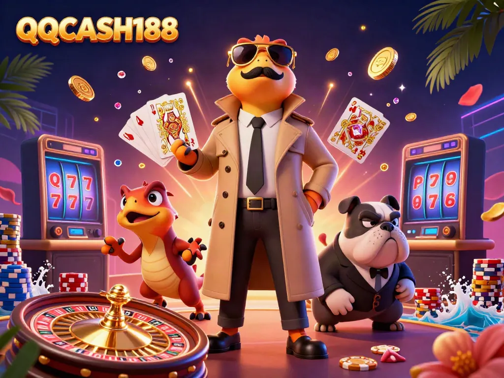 Experience QQCASH188 at a vibrant casino scene with playful raptors entering a VIP lounge.