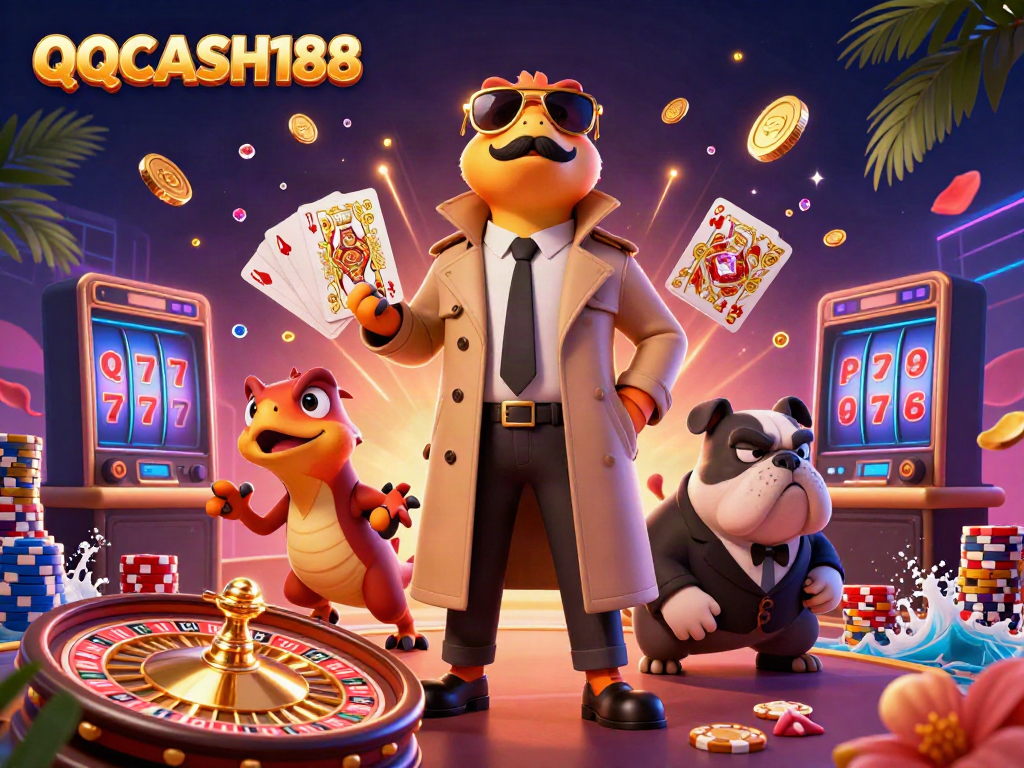 Experience QQCASH188 at a vibrant casino scene with playful raptors entering a VIP lounge.
