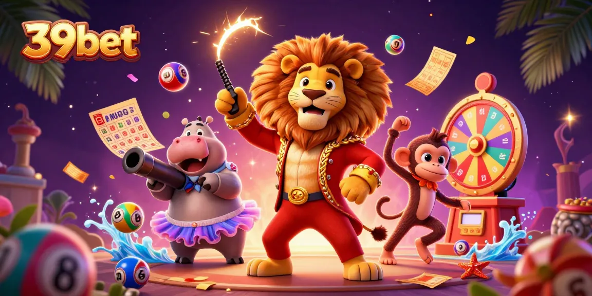Experience thrilling gaming adventures with 39bet in a captivating circus-themed casino illustration.