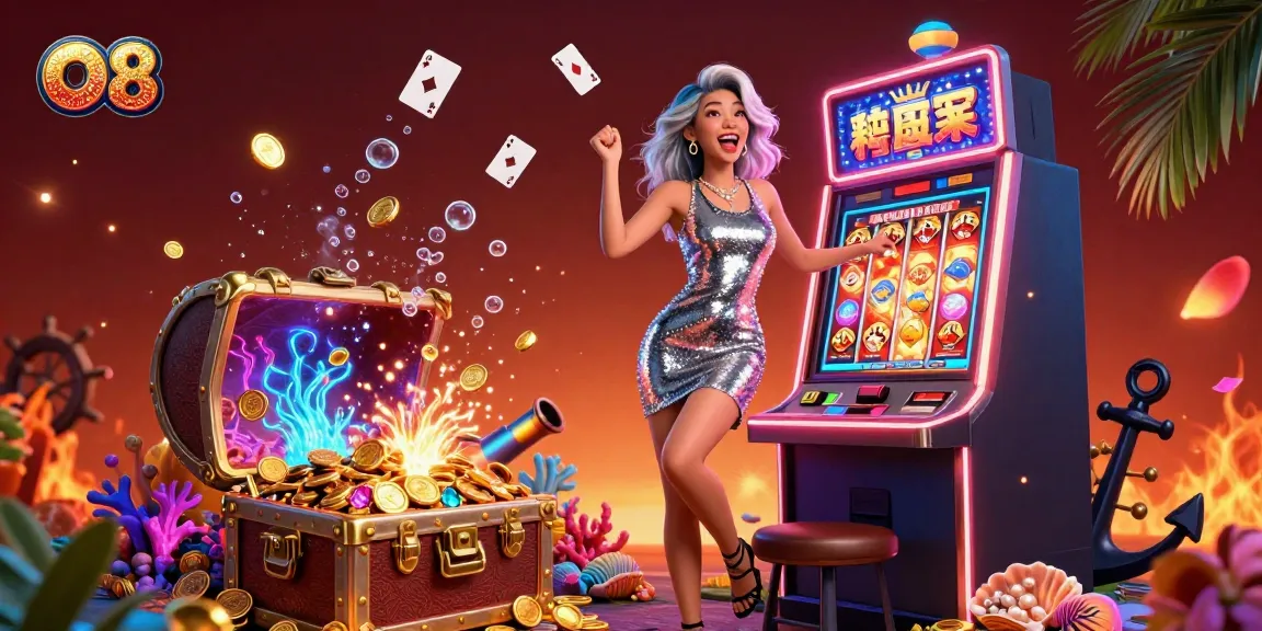 Experience the thrill with O8's stunning slot scene featuring golden jackpot wins and vibrant casino elements.