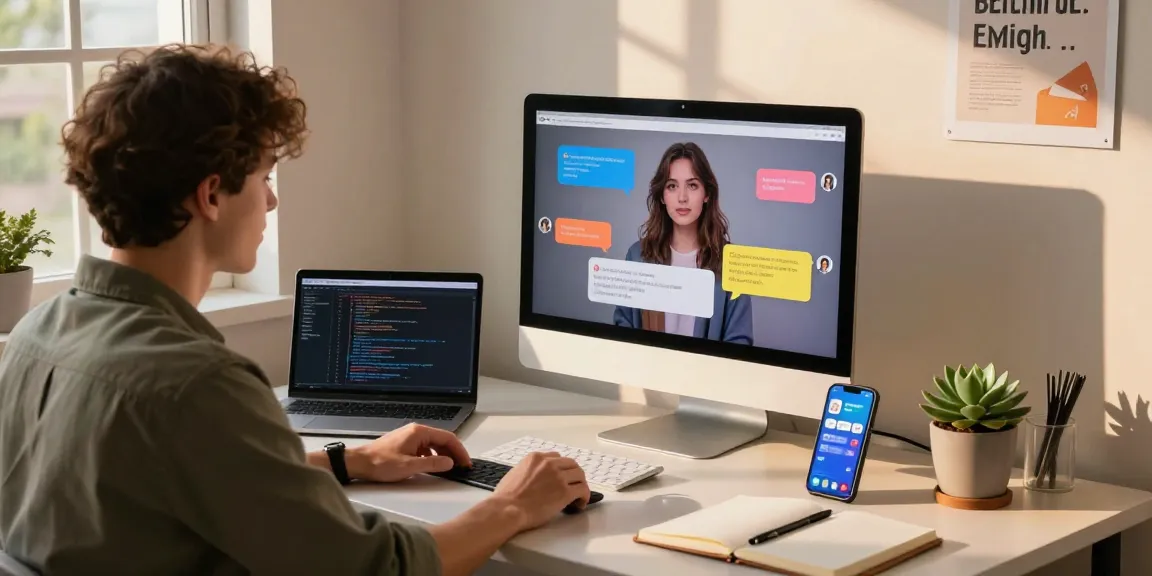 A cozy home office scene with a young adult chatting with their AI gf on a computer screen.