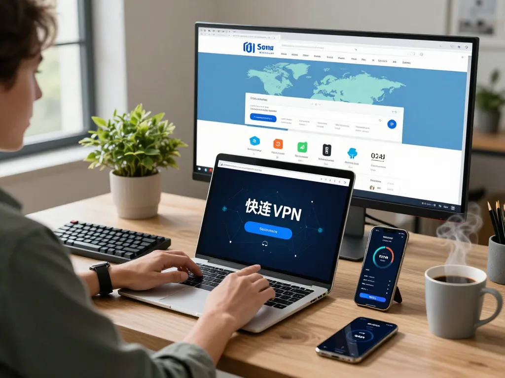 Effortlessly connecting to 快连 VPN in a modern workspace, showcasing productivity.