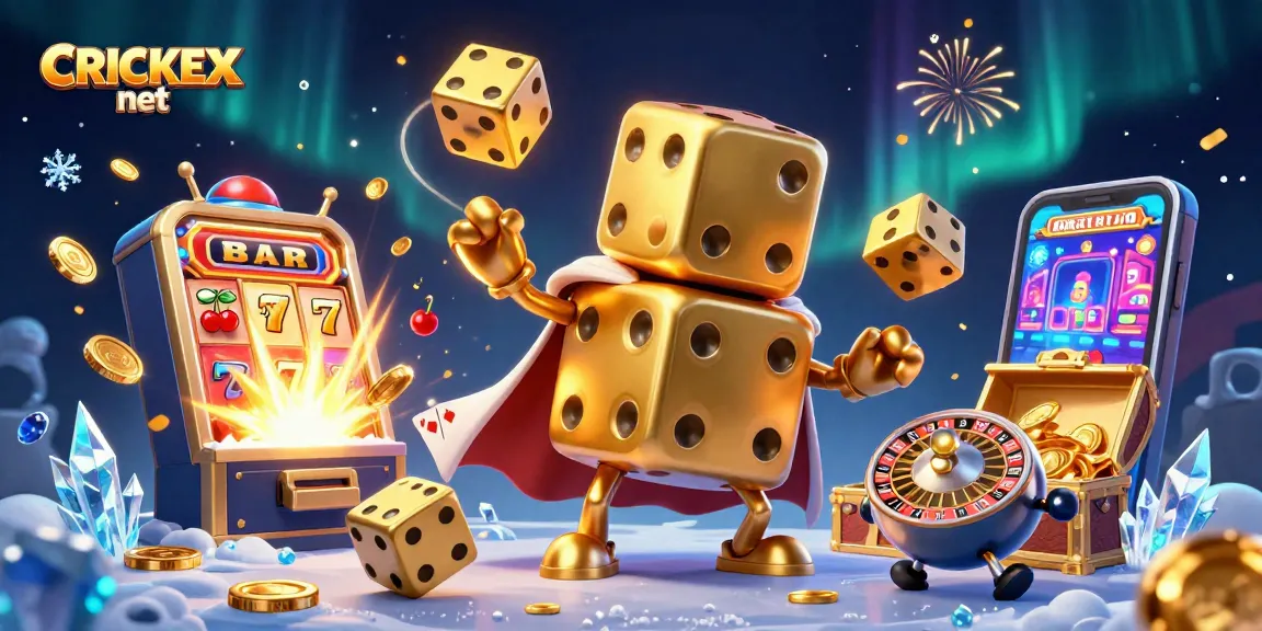 Join the excitement at CRICKEX net with a vibrant gaming scene filled with golden dice and thrilling casino elements.
