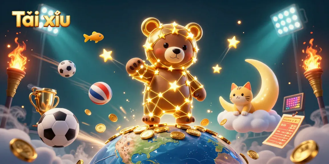 Tài xỉu gambling scene featuring a constellation bear and sports balls amidst gold coins.