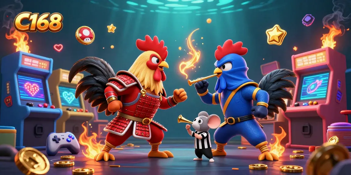 C168 offers an exciting face-off between two 3D cartoon fighting roosters amidst dynamic casino elements in this vibrant scene.