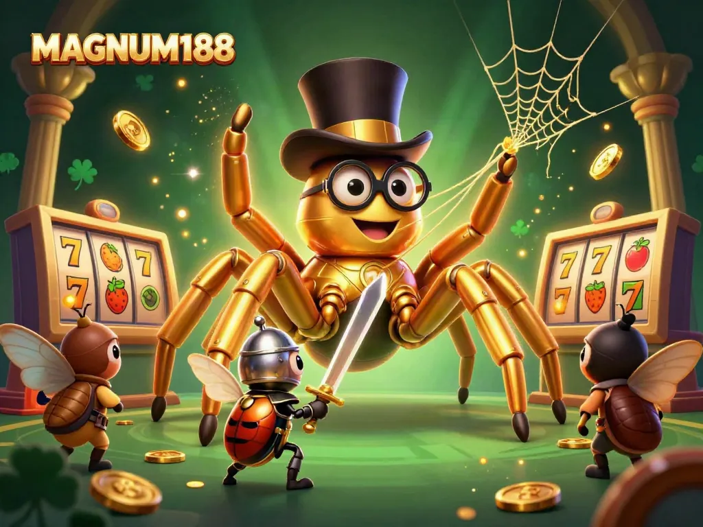 Win big with MAGNUM188 in a vibrant 3D casino illustration featuring a golden tarantula and knight.