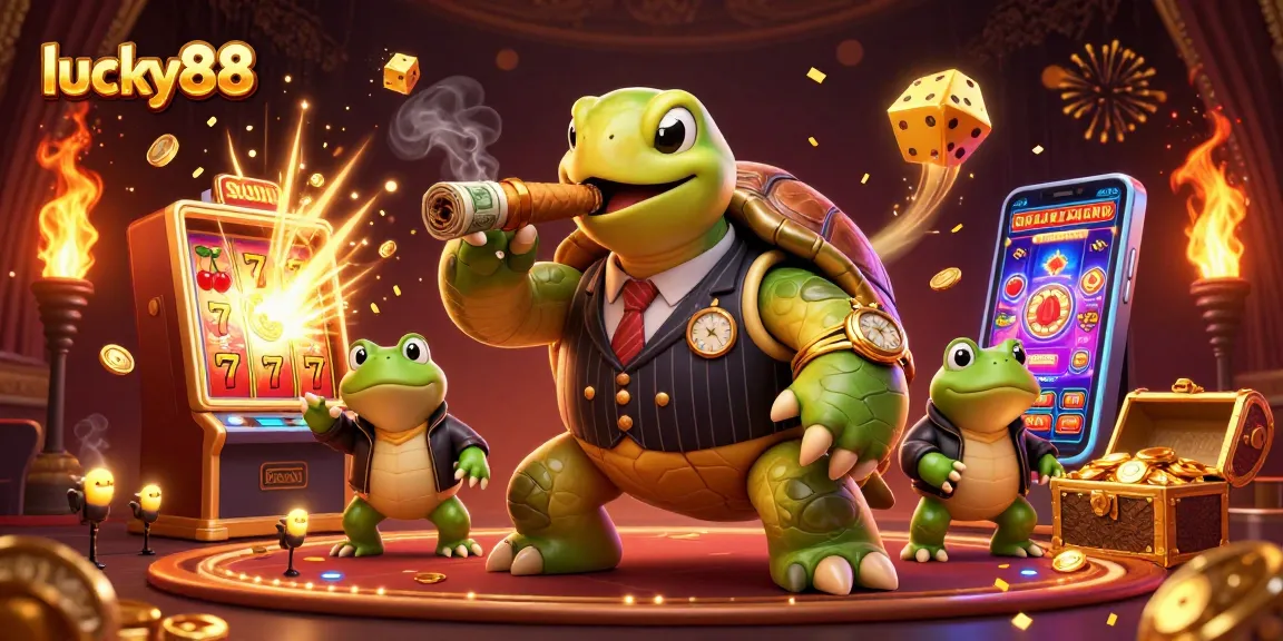 Experience massive wins with lucky88, featuring a cartoon turtle mobster amidst a dynamic casino scene.