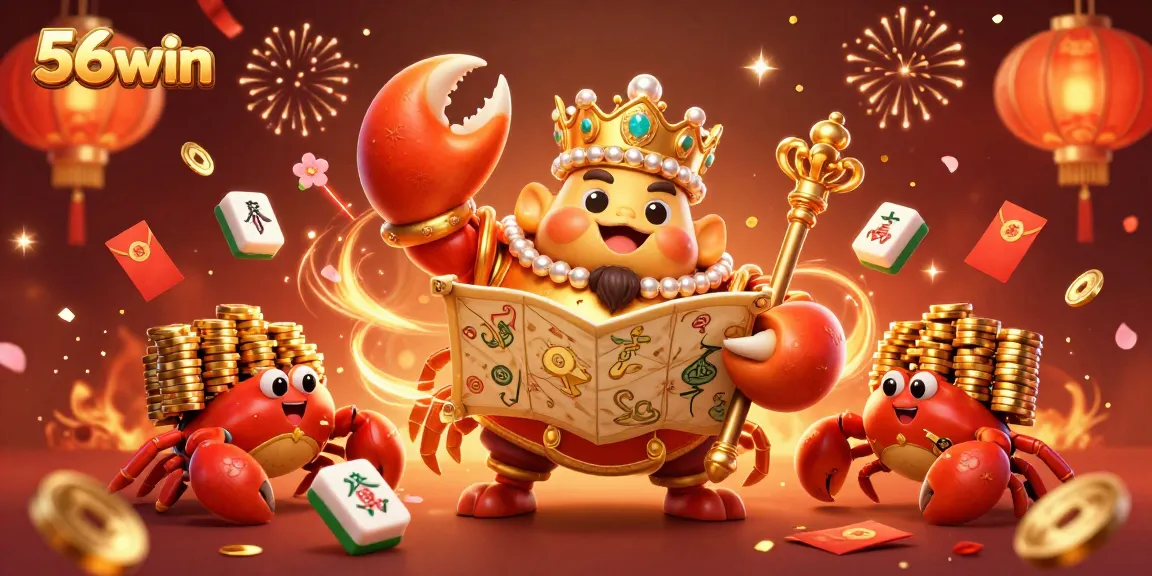 Win big at 56win with the golden crab emperor leading a vibrant casino celebration.