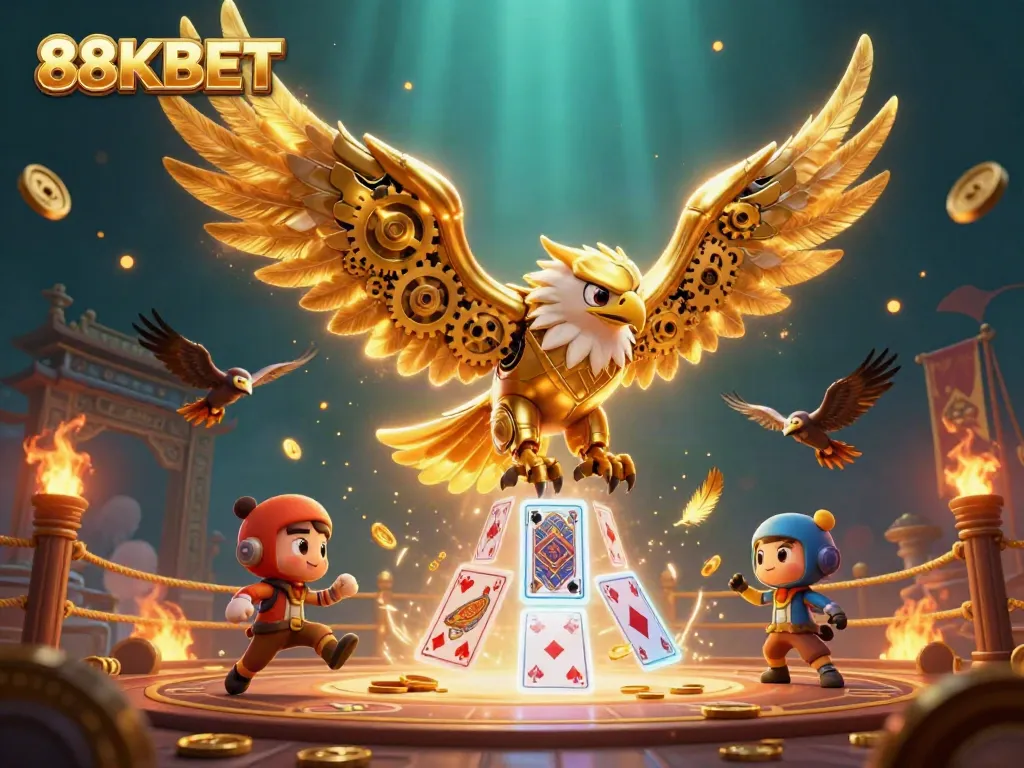 Experience the thrill of gaming with 88KBET's vibrant 3D casino illustration featuring a golden eagle and dynamic game elements.