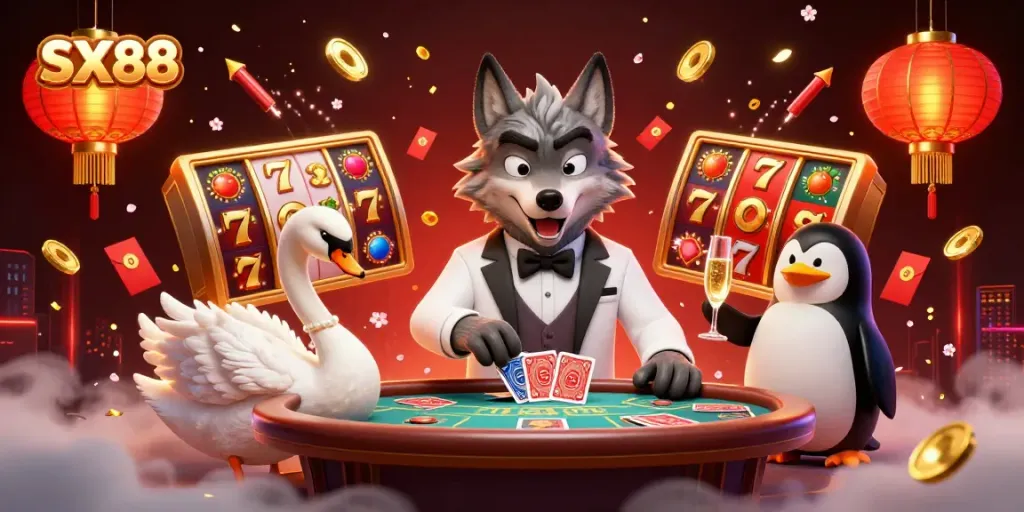 SX88 showcases a 3D cartoon wolf at a baccarat table with dynamic casino elements, enhancing gaming excitement.