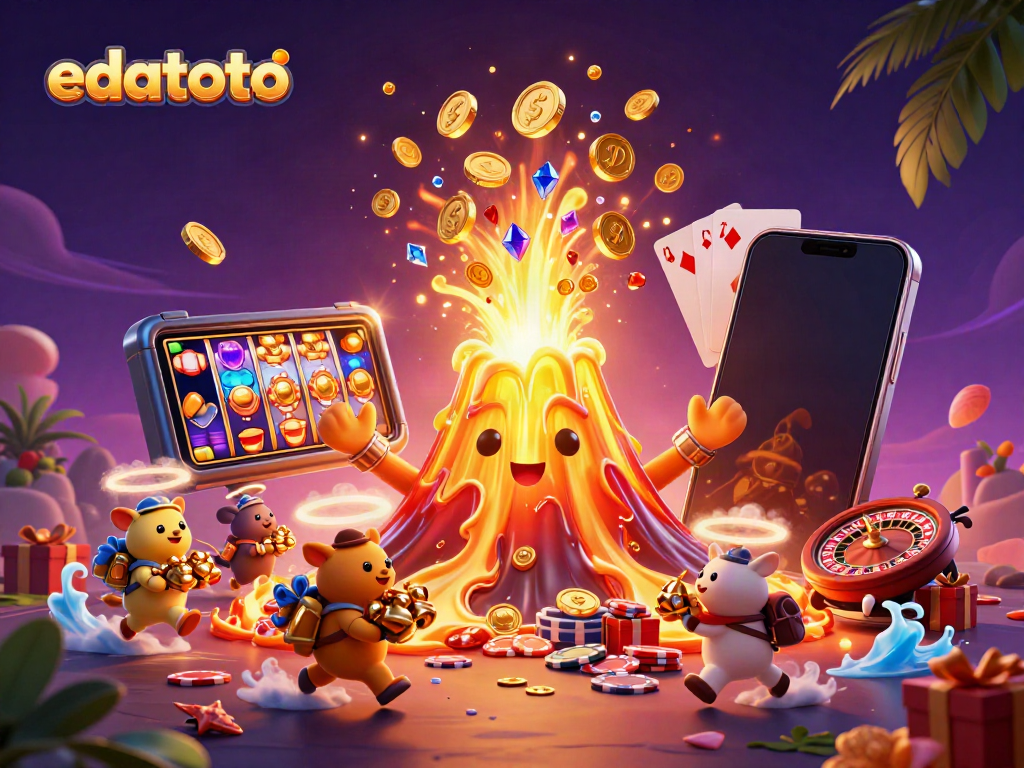 Experience the excitement of edatoto with a golden volcano erupting coins, gems, and treasure.