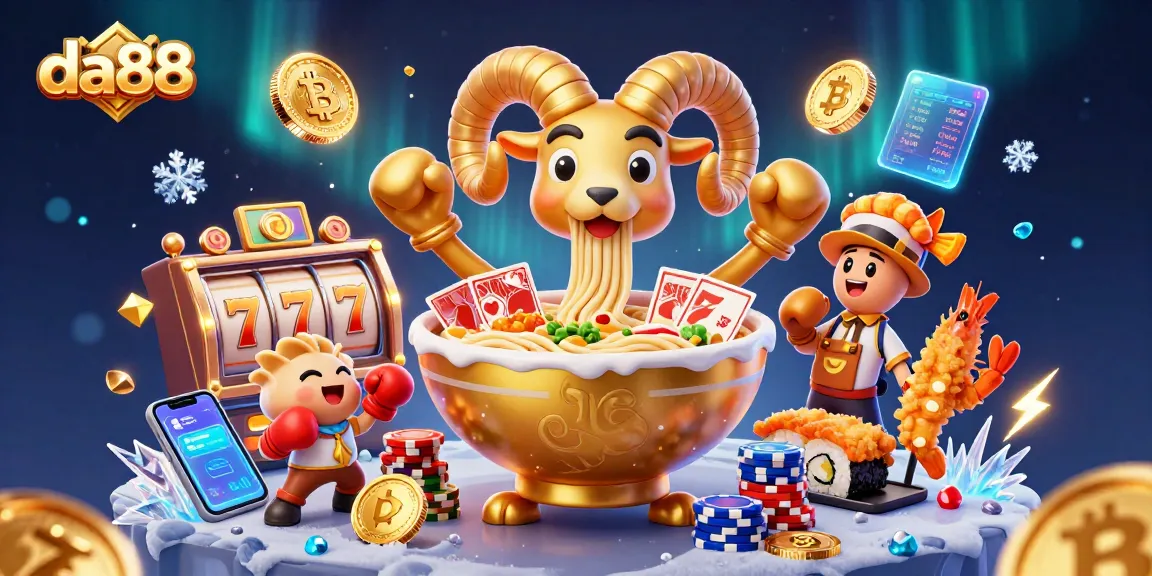 Engage with da88's vibrant 3D casino scene featuring a giant ramen bowl dealer amidst thrilling slot game elements.