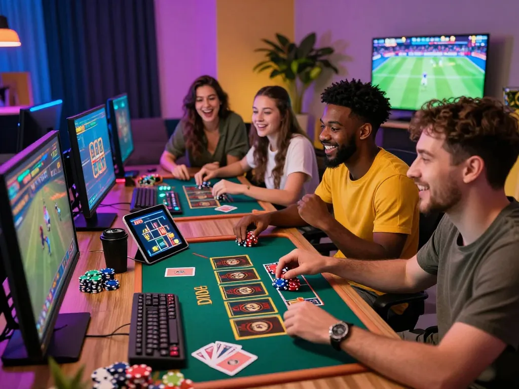 Exciting RR88 online gaming scene with friends enjoying live casino games together, showcasing vibrant LED lighting and gaming elements.