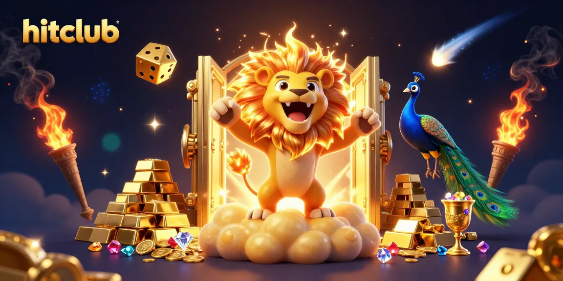 Win big with hitclub in this vibrant casino-themed 3D illustration showcasing a lion and golden elements.