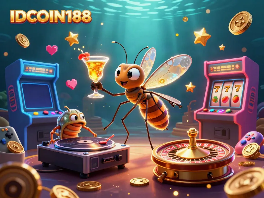 Experience vibrant gaming with IDCOIN188's 3D illustration featuring unique characters and casino elements.