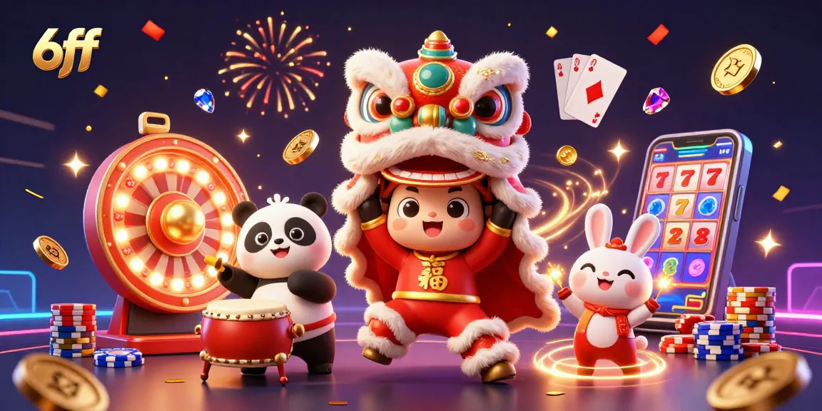 Experience the excitement at 6ff with colorful characters, gold coins cascading, and vibrant casino activities.