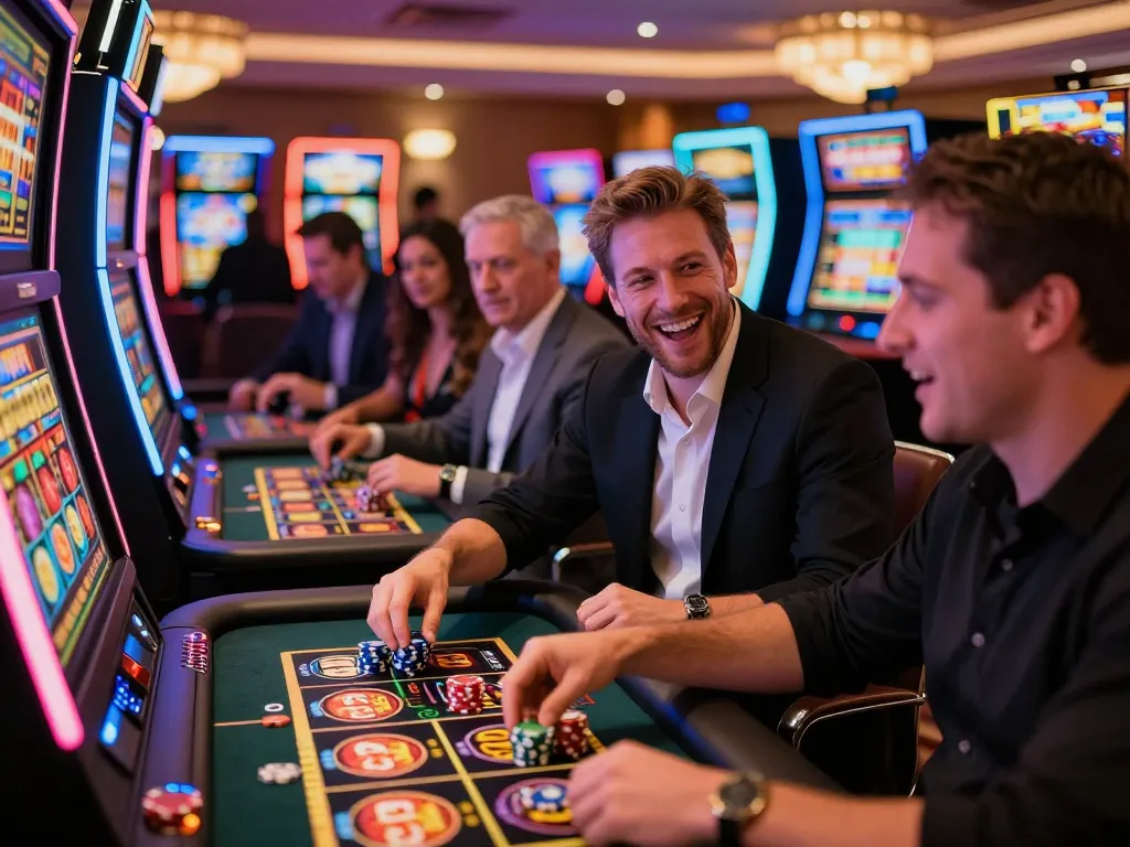 Players celebrating wins at mm88pc slot machines in a vibrant casino atmosphere