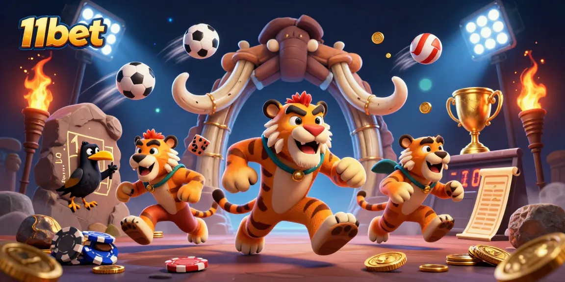 Experience exciting gameplay at 11bet with a prehistoric casino scene featuring vibrant elements.