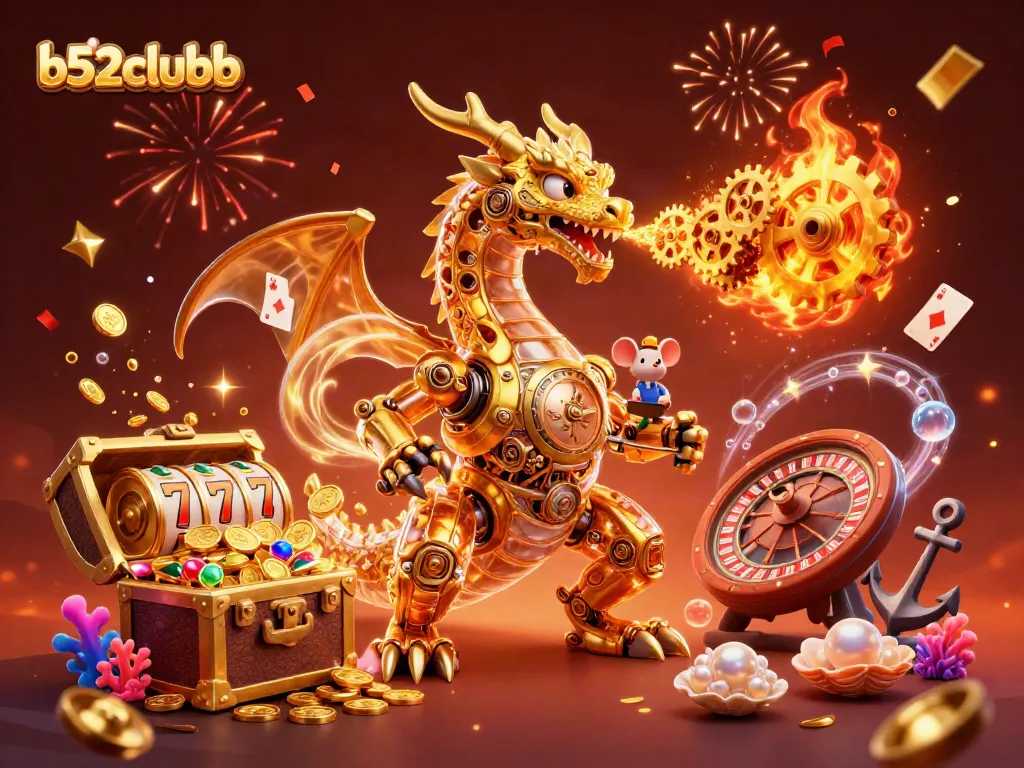 Experience the thrill of b52clubb with a golden dragon breathing gears amidst treasure in a vibrant casino scene.