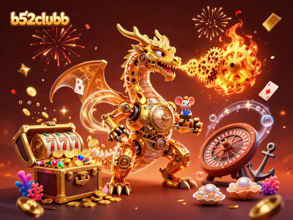 Experience the thrill of b52clubb with a golden dragon breathing gears amidst treasure in a vibrant casino scene.