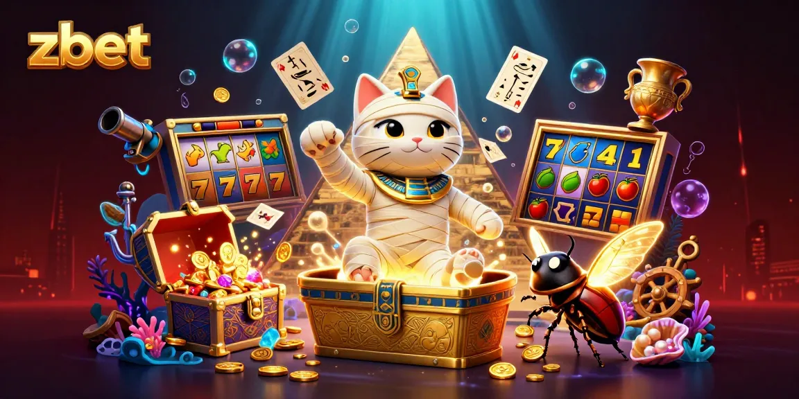 Experience thrilling casino action with zbet as an animated Egyptian mummy cat and scarab beetle bring excitement to the game.