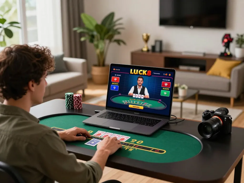 Chơi blackjack trực tuyến LUCK8 trong một không gian hiện đại đầy màu sắc, thể hiện chiến lược và sự phấn khích.