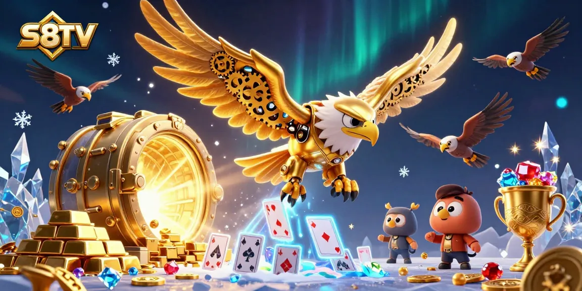 S8TV sports betting adventure featuring a cybernetic eagle amidst sparkling treasures and holographic cards.