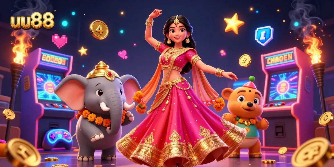 uu88 showcases an Asian woman in vibrant attire playing colorful casino-themed games while immersed in an exciting atmosphere.