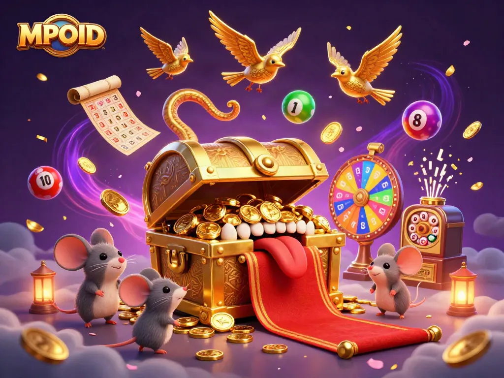 Experience MPOID's exciting gaming adventure with a vibrant 3D casino scene filled with dynamic elements.
