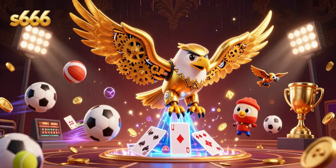 Experience the excitement of s666 as a cybernetic eagle dives through holographic cards in a dynamic casino scene.