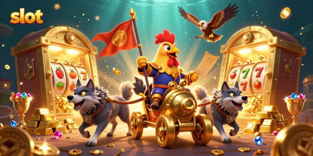 Experience thrilling slot adventures with a cartoon rooster warlord and dynamic casino elements.