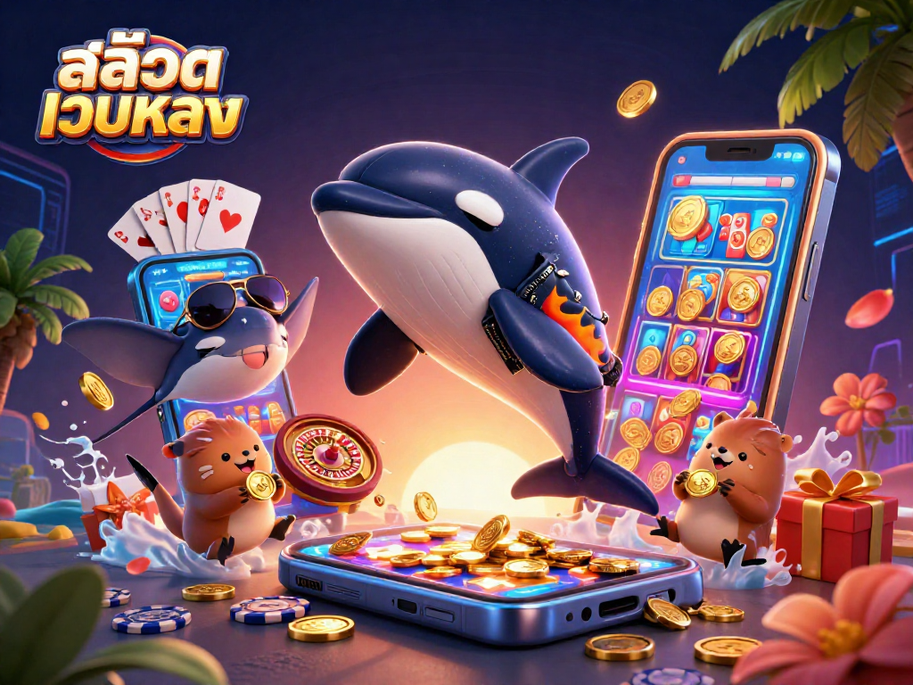 Experience thrilling สล็อตเว็บตรง gaming with an orca in leather jacket, lucky otters, and vibrant casino elements