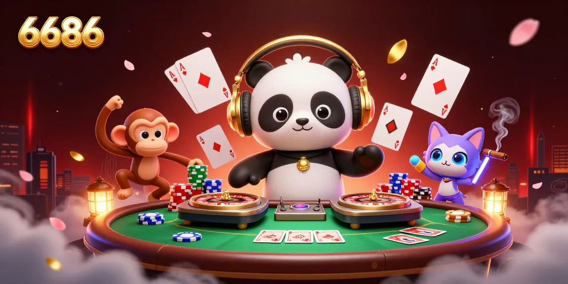 Engage with 6686's dynamic casino scene featuring a DJ panda and vibrant elements of gambling excitement.