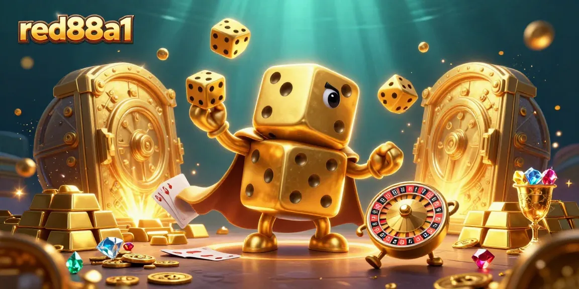 Experience red88a1's lively casino atmosphere with golden dice and treasure scattered throughout.
