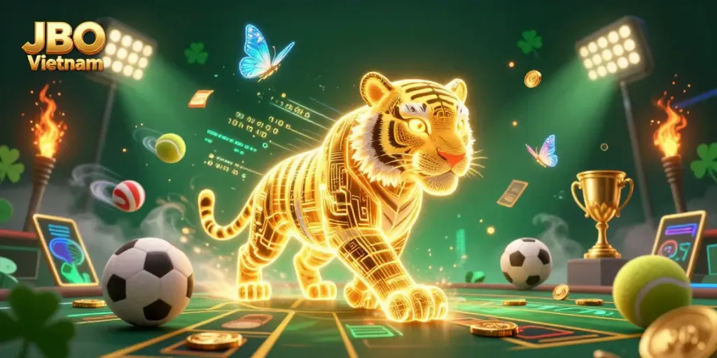 Experience the thrilling digital casino scene with JBO Vietnam featuring a neon tiger and sports elements.