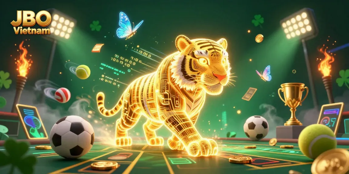 Experience the thrilling digital casino scene with JBO Vietnam featuring a neon tiger and sports elements.