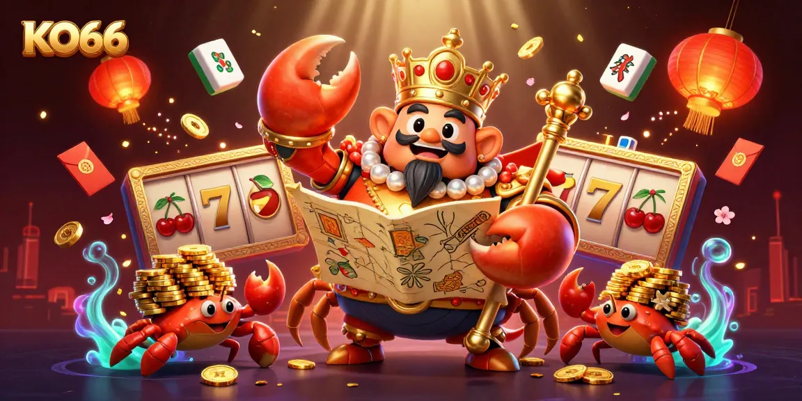 Win big at KO66 with a majestic golden crab emperor surrounded by slot machines and festive decorations.
